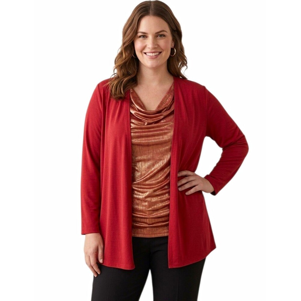 Jaclyn Smith Womens Top L Red Open front Lame' shell 3/4 slv office Valentine
